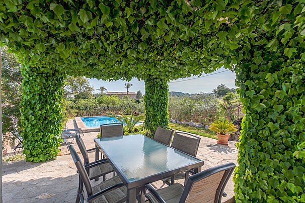 A house with a pergola and palm trees in front of it