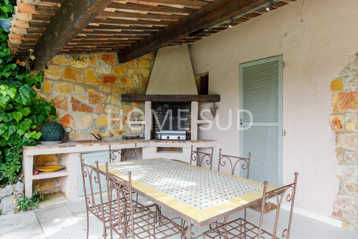 A patio with a table and chairs and a sign that says home sud