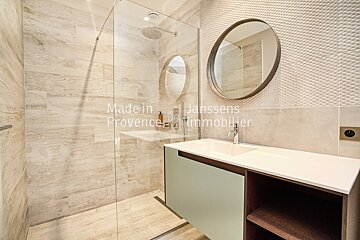 A bathroom with a walk in shower and a sink made in janssens provence immobilier
