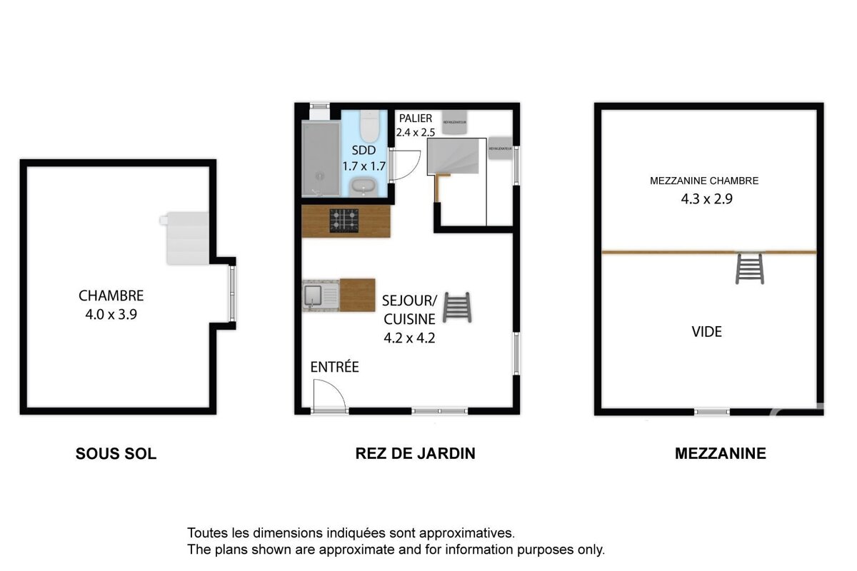 A multi-level apartment floor plan featuring a basement bedroom, ground floor kitchen/living, bath, and a mezzanine bedroom with dimensions.