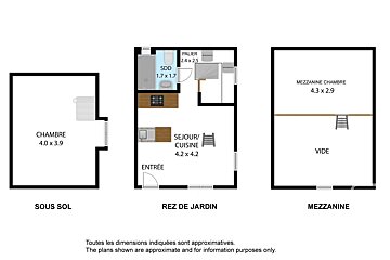 A multi-level apartment floor plan featuring a basement bedroom, ground floor kitchen/living, bath, and a mezzanine bedroom with dimensions.