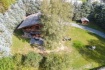 An aerial view of a log cabin surrounded by trees