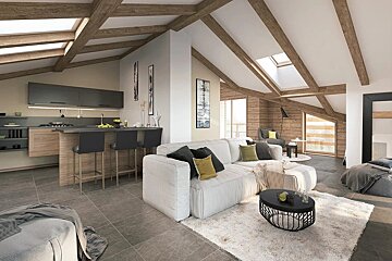 Bright, modern attic apartment with an open kitchen/living area, exposed wooden beams, skylights, and contemporary decor.