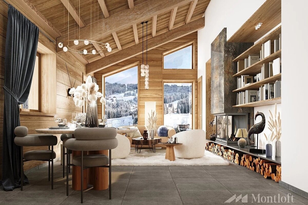 A chic wooden chalet interior with large windows framing snowy mountain vistas. Features a dining space, cozy living area, modern fireplace, and elegant decor.
