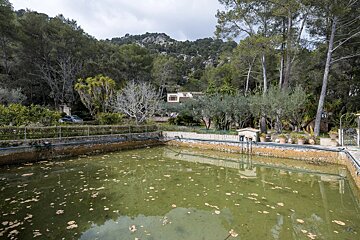 An empty swimming pool with a house in the background