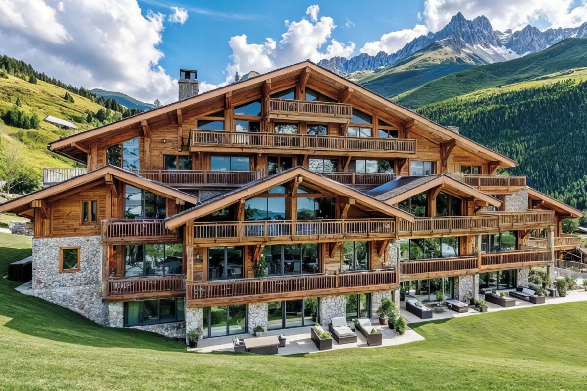 A luxurious wooden chalet on a green grassy hill, set against a backdrop of majestic mountains and a blue sky.