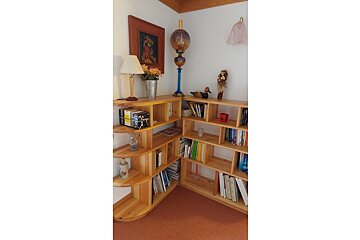 A corner of a room with bookshelves and a lamp