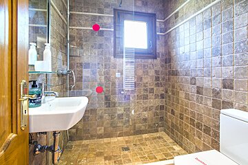 A bathroom with a toilet and a sink with a bottle of soap on the sink