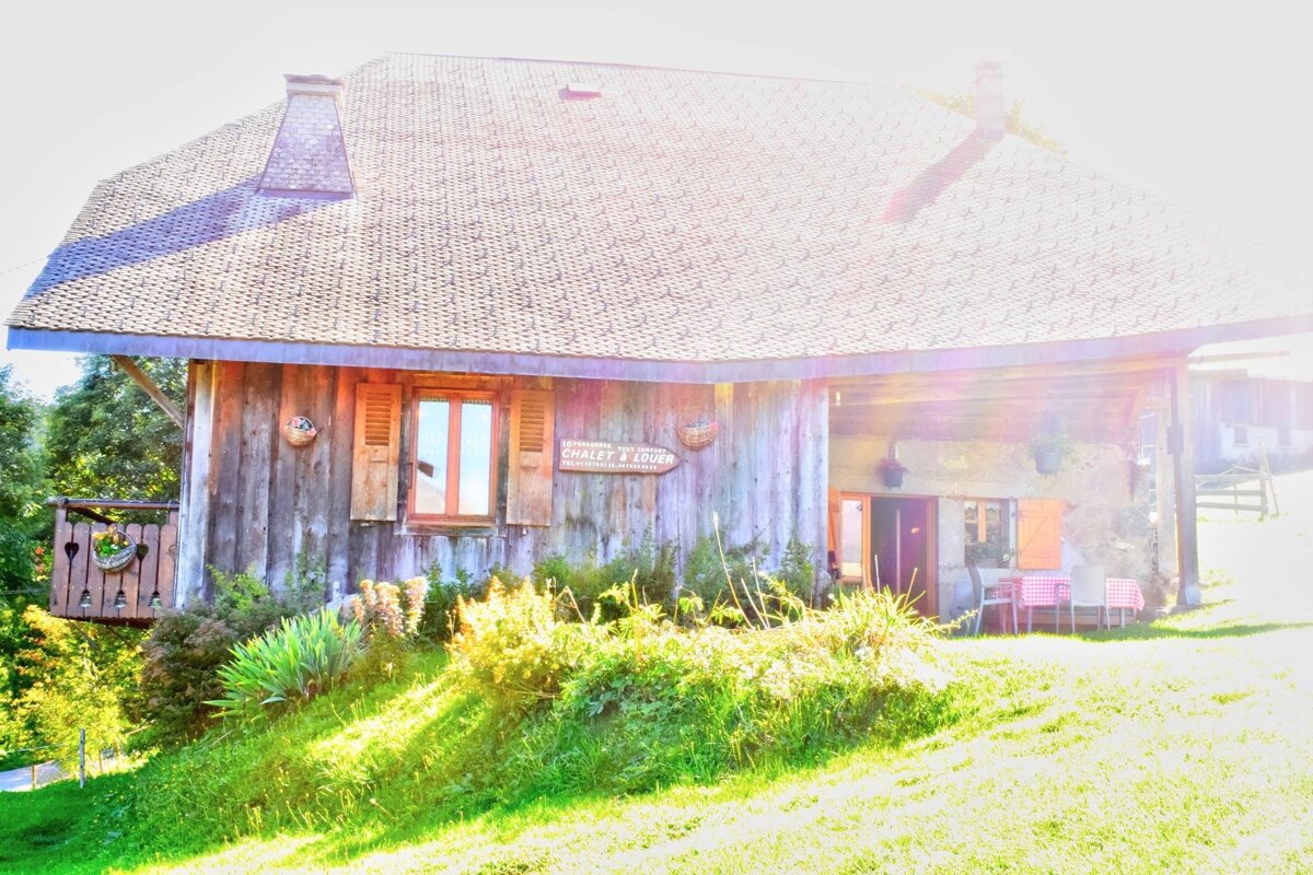 A sunny, rustic wooden chalet on a grassy hill with a sign reading "CHALET À LOUER".