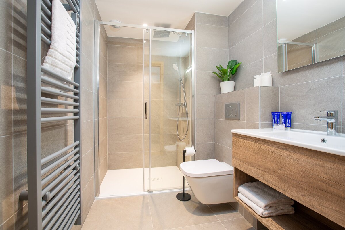 A bathroom with a toilet a sink and a walk in shower