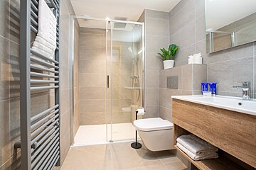 A bathroom with a toilet a sink and a walk in shower