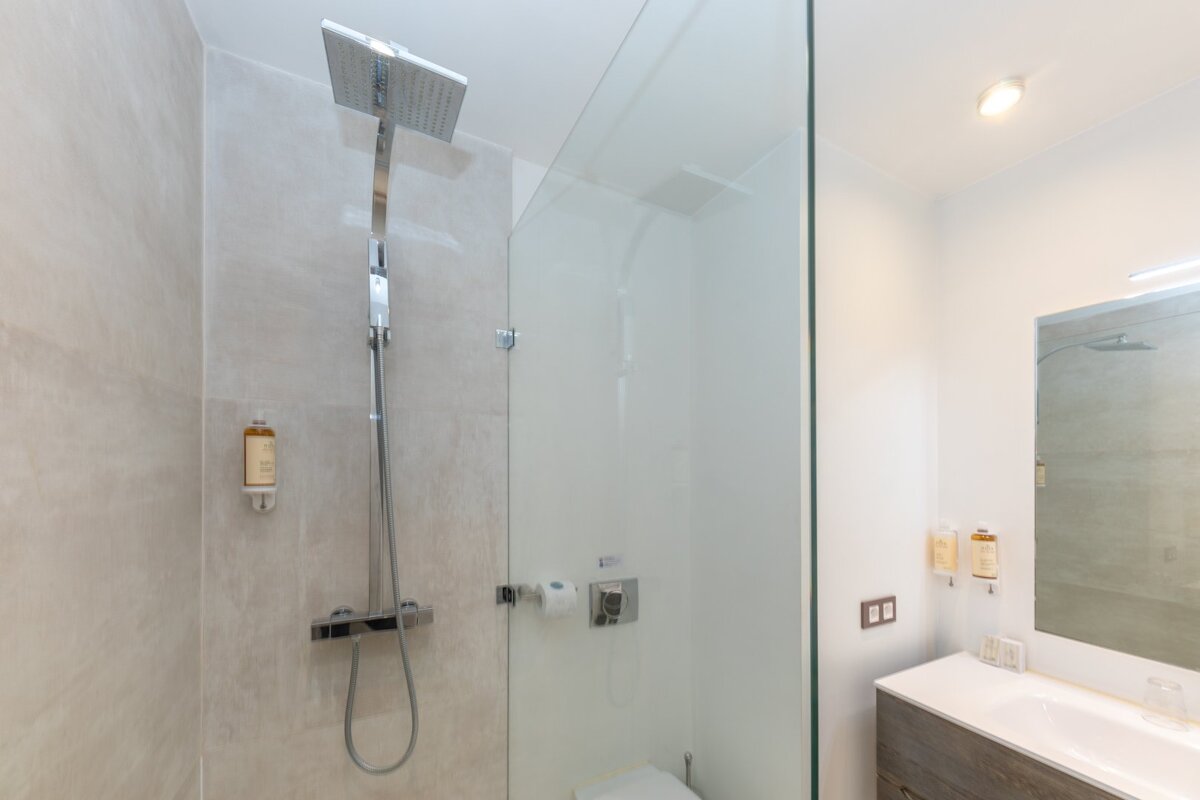 A bathroom with a walk in shower and a toilet