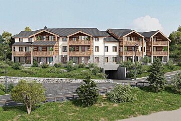 An architectural rendering of a multi-story alpine chalet building with wooden balconies on a grassy hillside.