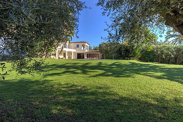 A grand villa with a terracotta roof sits behind a sprawling green lawn, framed by olive trees under a clear blue sky on a sunny day.