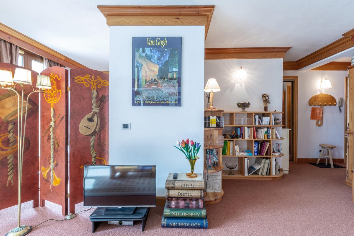 A cozy, eclectic room featuring a Van Gogh poster, TV, decorative screen, and extensive bookshelves, all set on a pink carpet with warm wooden trim.