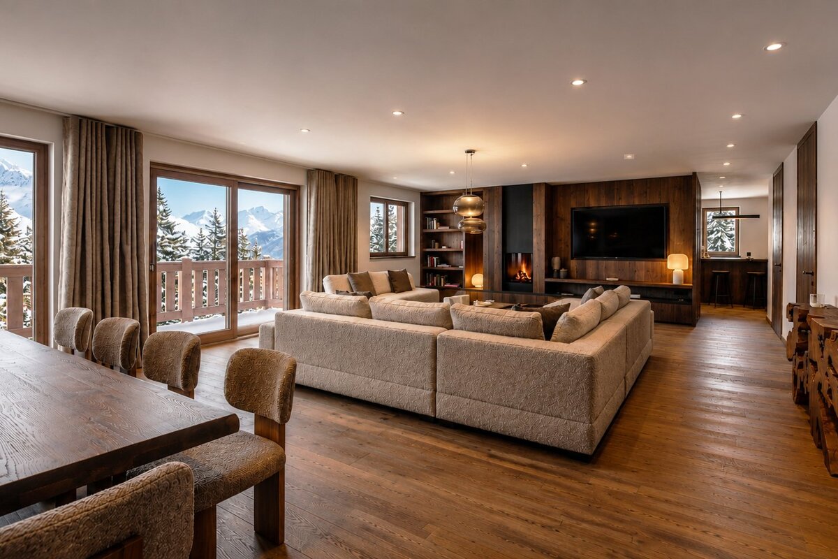 Cozy alpine chalet living room with a large sectional sofa, wooden floors, and glass doors opening to snowy mountain views.