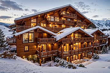 A grand, illuminated wooden ski chalet with snow-covered roofs and multiple balconies, set against a backdrop of snowy mountains at dusk.