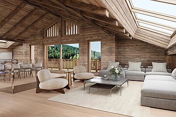 Elegant wooden chalet interior with a bright living room, dining area, mountain views through large windows, and natural light from skylights.