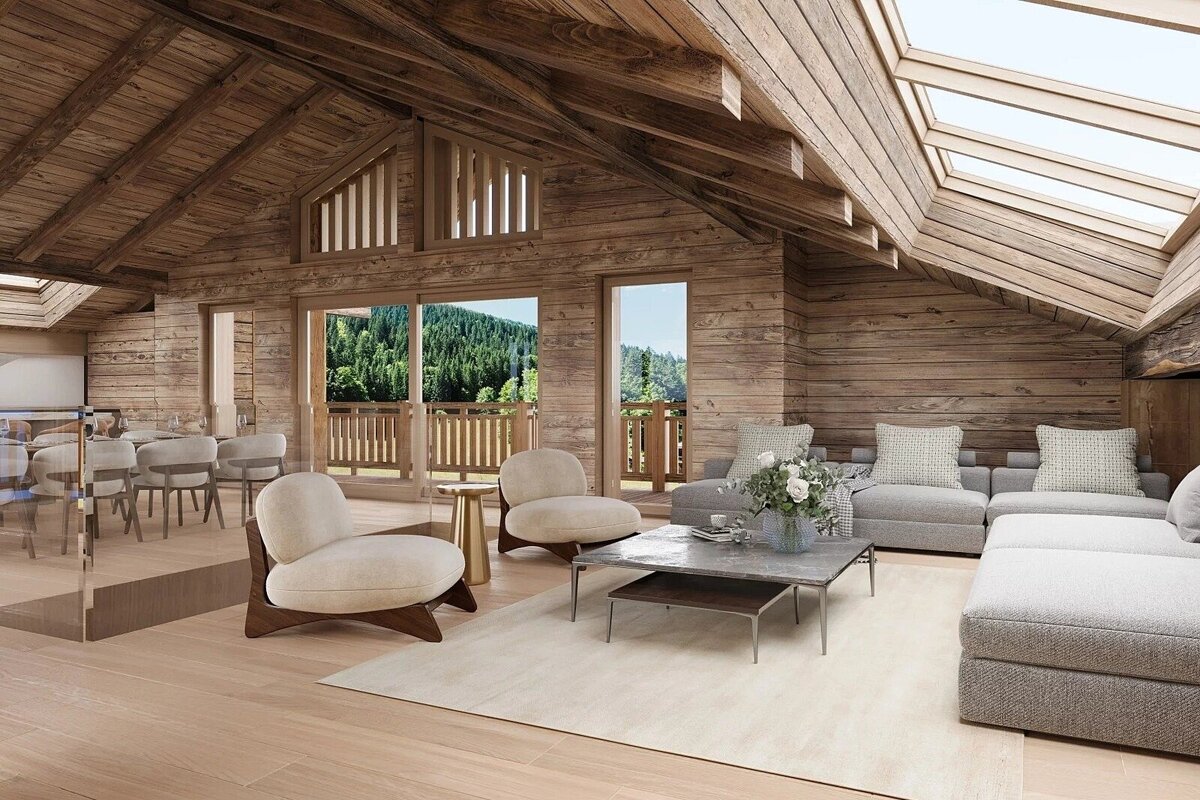 A luxurious, spacious wooden chalet living room and dining area, featuring modern furniture, skylights, and a balcony with a stunning mountain forest view.