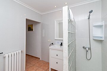 A bathroom with a sink a mirror and a shower
