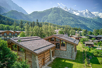 A house with a mountain in the background is surrounded by trees