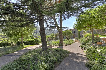 A path surrounded by trees and bushes leads to a house