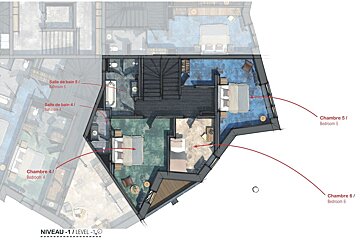 Architectural floor plan of Level -1, featuring color-coded bedrooms and bathrooms with French and English labels.