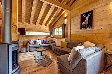 Cozy log cabin living room featuring warm wood walls and ceiling beams, grey sofas with colorful cushions, a modern fireplace, and deer artwork.