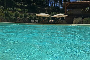 A swimming pool with umbrellas and chairs in the background