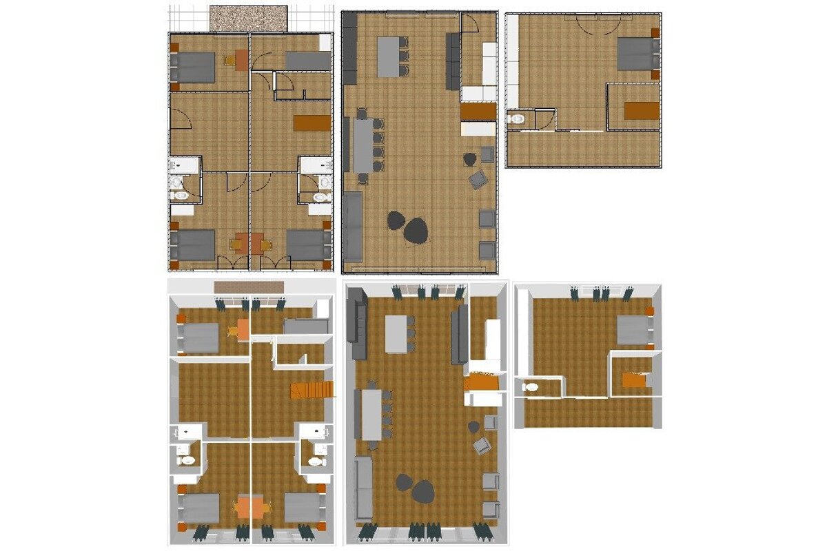 Three floor plans of a house with wood floors