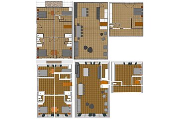Three floor plans of a house with wood floors