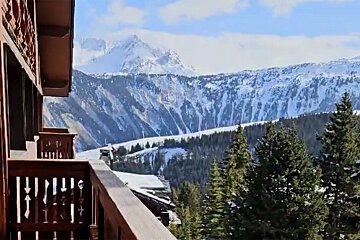 A balcony overlooking a snowy mountain range with trees in the foreground