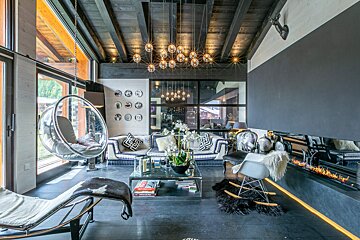A living room with a bubble chair hanging from the ceiling
