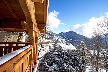 A view of a snowy mountain from a balcony