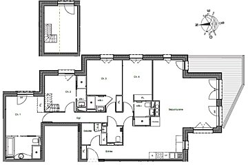 A floor plan of a house with a compass pointing to the north