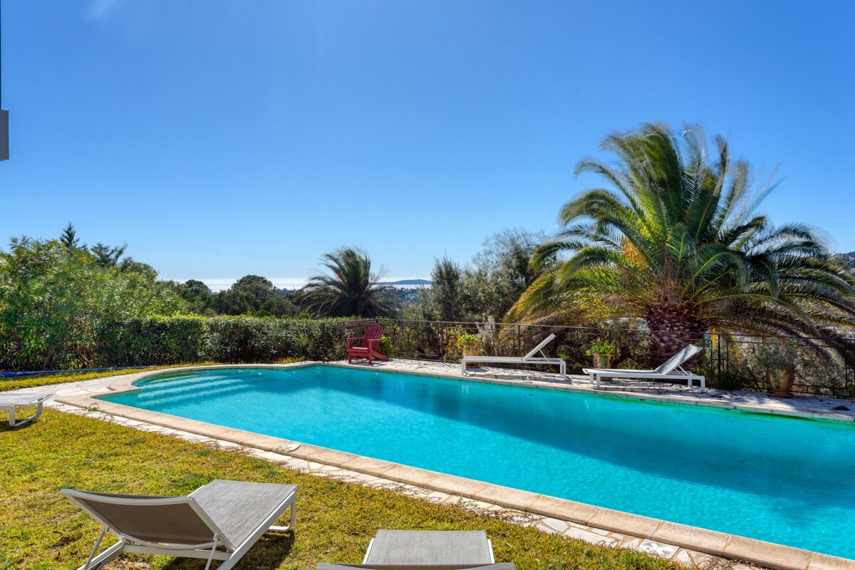 A large swimming pool surrounded by chairs and palm trees