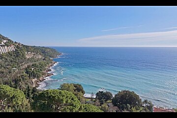Scenic view of a lush coastline meeting vibrant turquoise water under a clear blue sky.