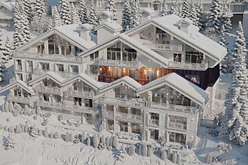 Luxurious snow-covered chalet resort nestled in a winter wonderland, surrounded by snow-covered pine trees. Warm interior lights glow.