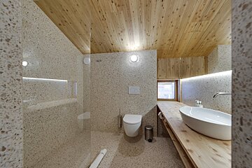 Modern bathroom featuring terrazzo walls, a wooden ceiling, a wall-mounted toilet, and a white vessel sink on a wooden counter.