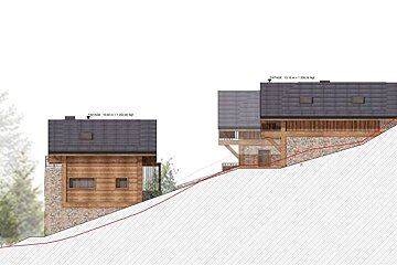 An architectural drawing of a house on a hill