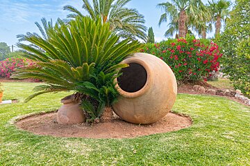 A large pot sits in the middle of a lush green garden