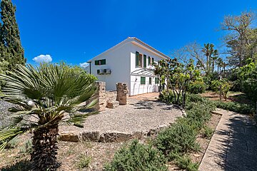 A white house with green shutters is surrounded by trees and bushes