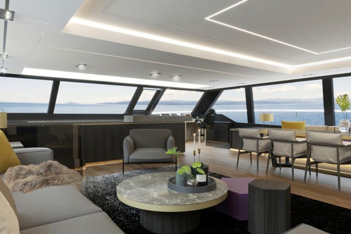 An artist 's impression of a living room with a view of the ocean