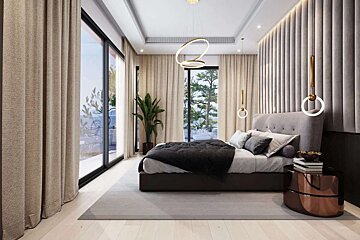 A luxurious modern bedroom with expansive windows, neutral drapes, a dark bed, and elegant pendant lighting, creating a serene atmosphere.