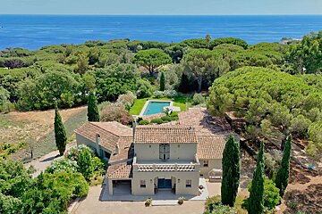 An aerial view of a house with a large pool