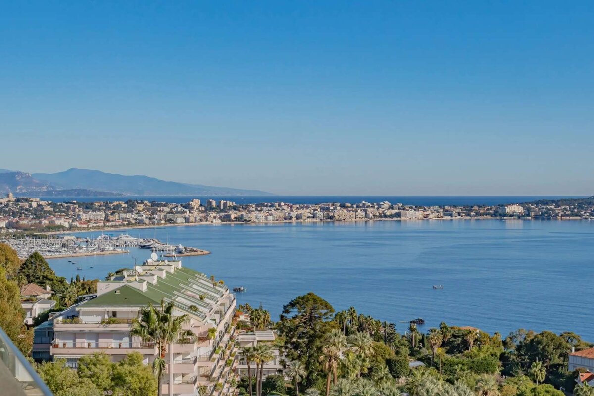 Sunny panoramic view of a vibrant coastal city, showcasing a busy marina in a deep blue bay, buildings, palm trees, and distant mountains.