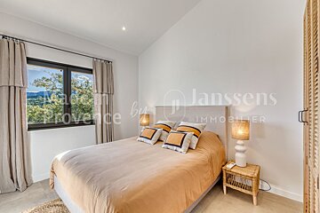 A bedroom with a bed and two lamps by janssens immobilier