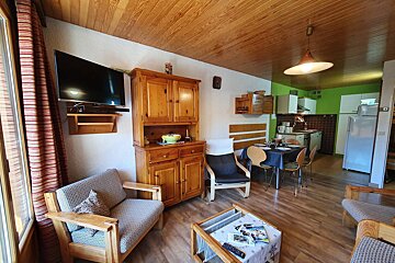 A cozy, open-plan living space with rustic wood furniture, a dining table, TV, and a green-walled kitchenette, featuring a warm wooden ceiling.