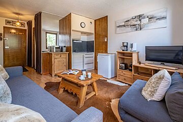 Cozy studio living room with blue sofas, a rustic wooden coffee table on a cowhide rug, a TV stand, and a small kitchenette.