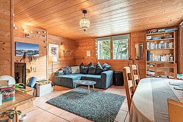 Rustic, wood-clad living space with a comfy blue sectional, dark rug, dining table, and a window framing trees.